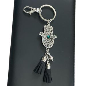Women's Hamsa Palm Keychain, Faux Leather Tassels, Sliver Bead, Upcycled